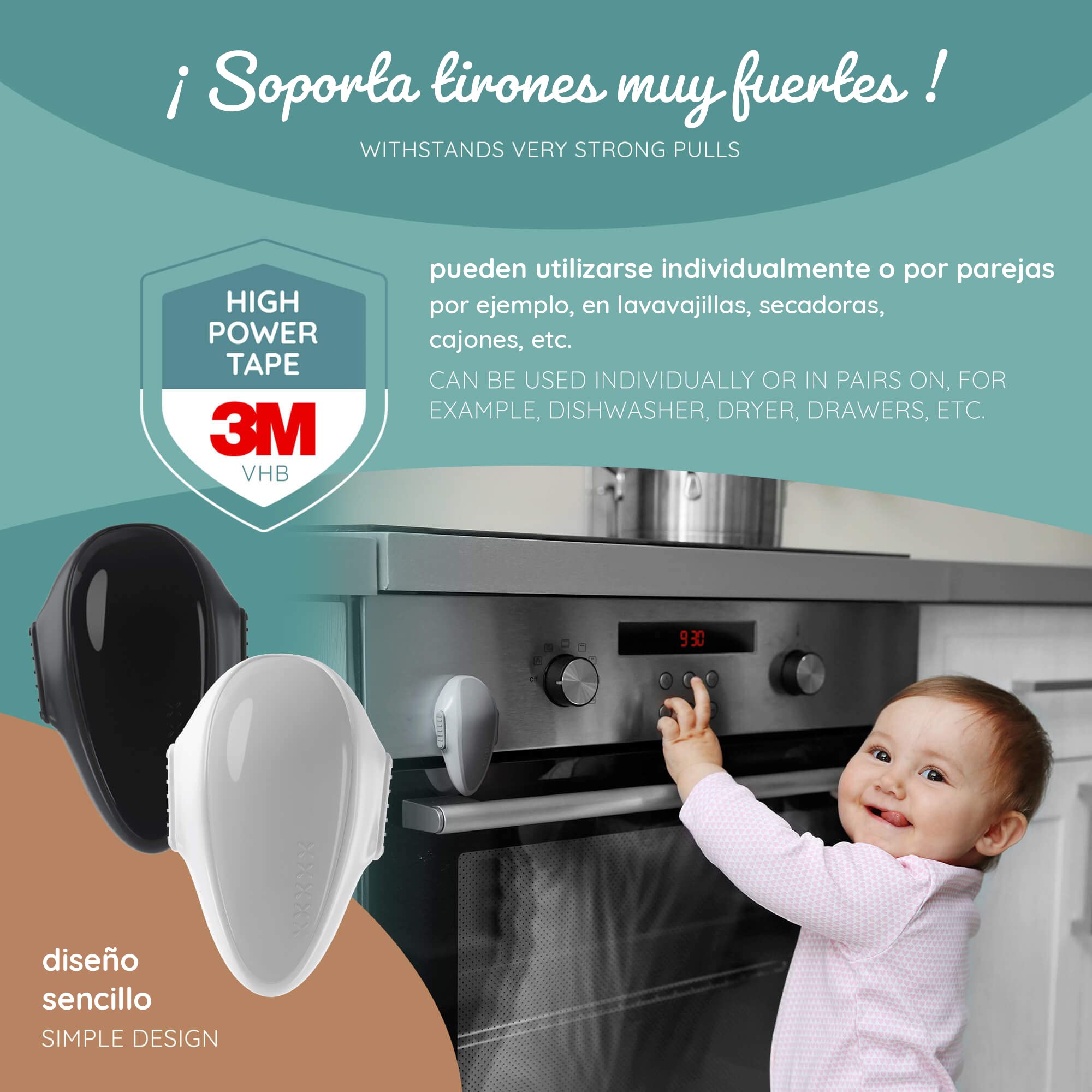 Cerradura de la puerta del horno de BEARTOP | juego de 2 blanco o negro | adhesivo VHB de 3M resistente al calor | seguridad puertas niños, seguridad bebe, protector | seguridad cajones bebe