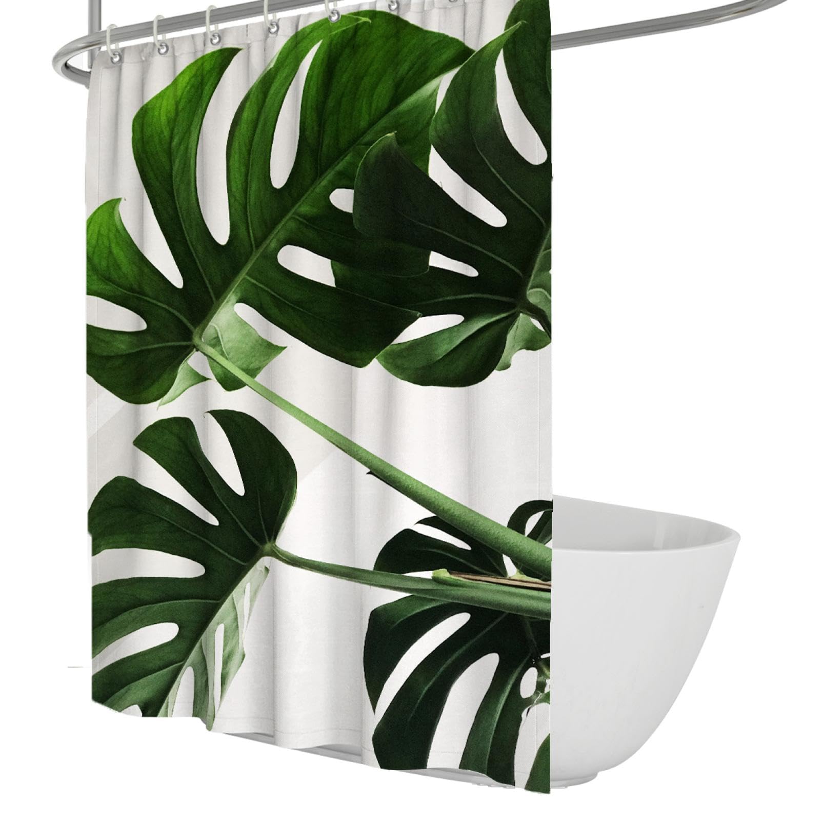 Zielone rośliny zasłona prysznicowa z liśćmi tropikalnymi liśćmi, białe zasłony prysznicowe do łazienki, wodoodporna, nadająca się do prania, zestaw zasłon prysznicowych z haczykami, 180 x