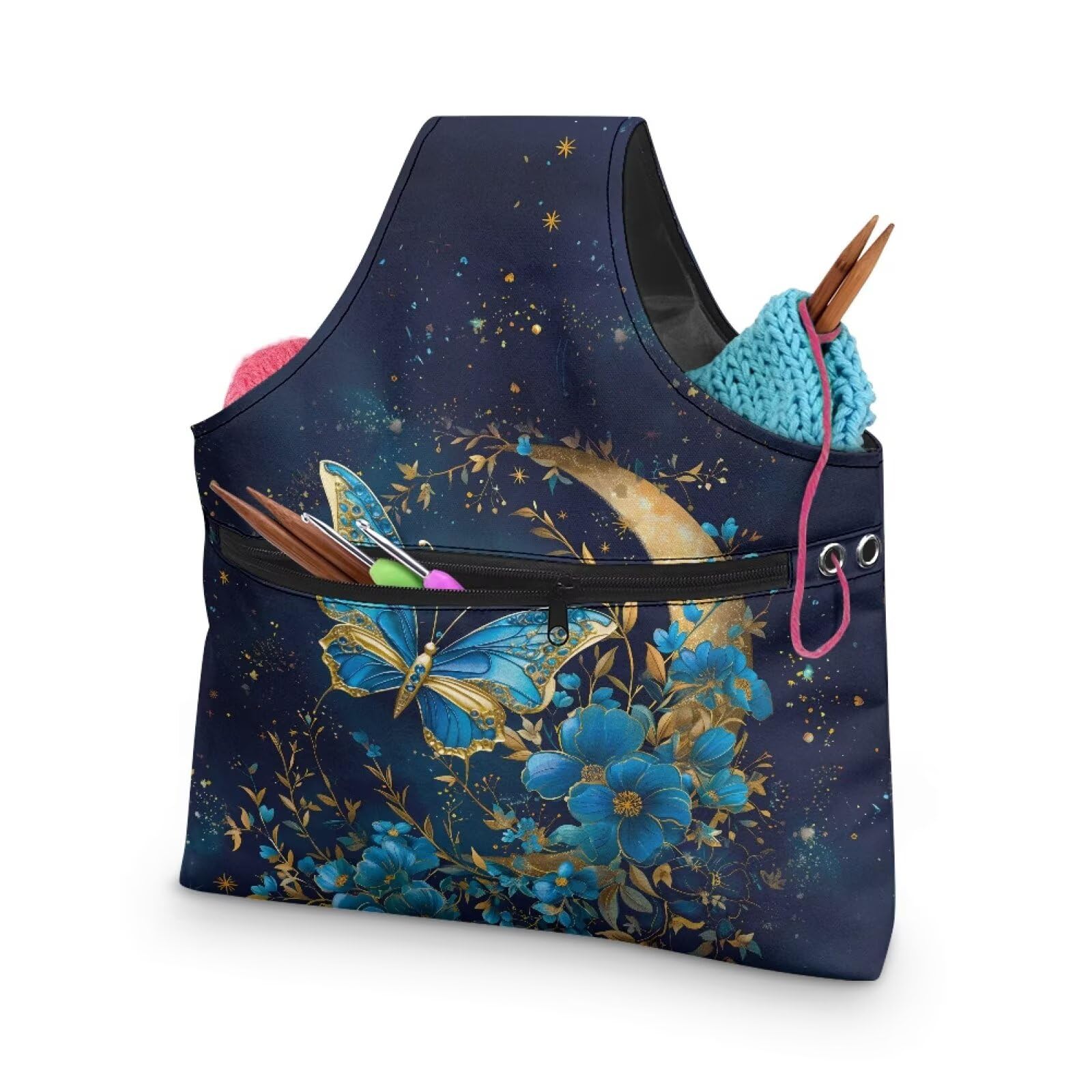ZUXONGSYBlue Moon Yarn Bags for Knitting Butterfly Yarn Tote Bag for Women Floral Portable Knitting Project HanbBag for Crochet Hooks