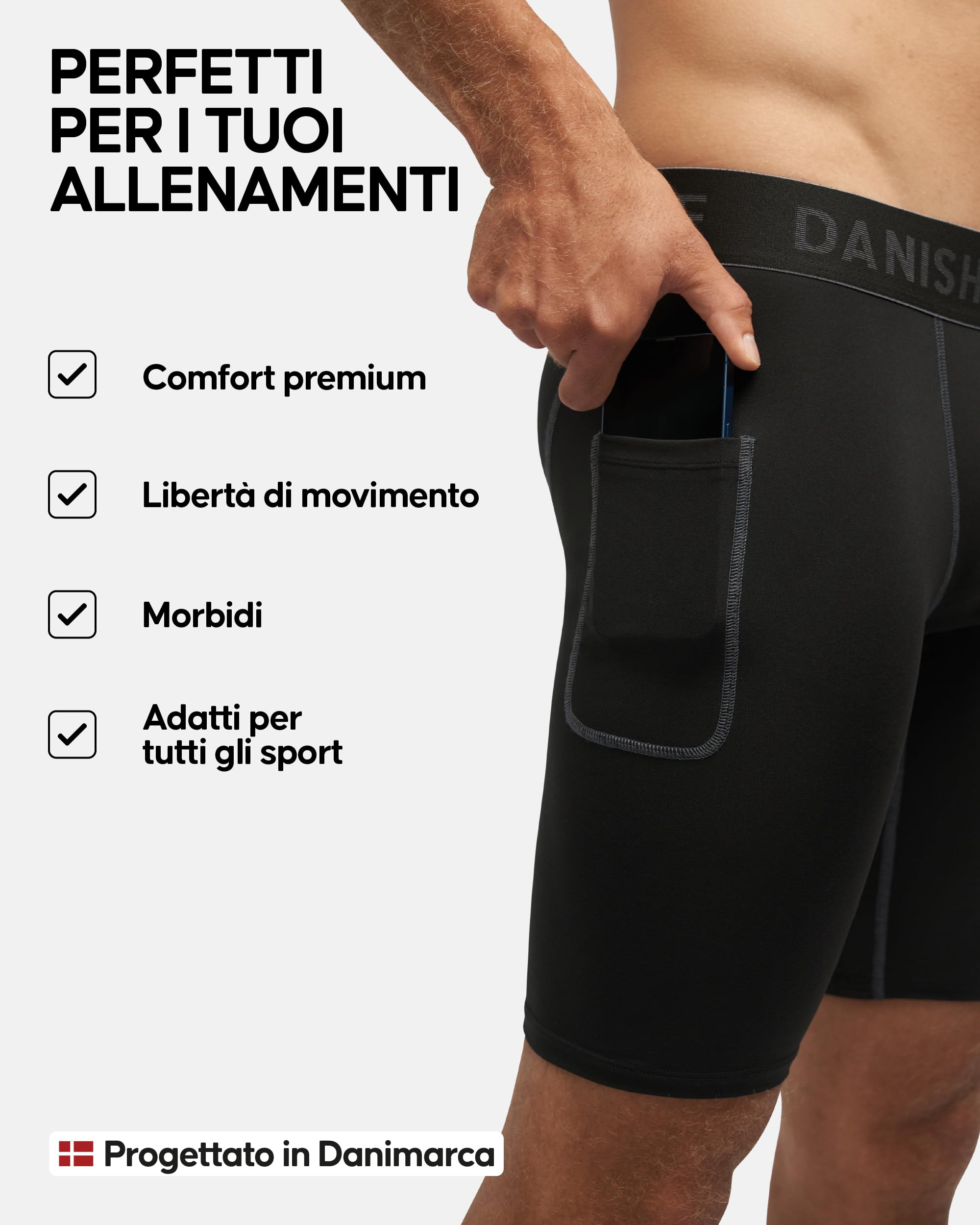 DANISH ENDURANCE Pantaloncini a Compressione, Shorts, Traspiranti e Quick Dry, con Tasca, da Uomo, 2 Paia