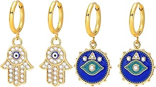 Evil Eye Earrings for Women - 2 Pairs 18K Gold Plated Delicate Micro-inlaid Cubic Zirconia Evil Eye and Hamsa Hand of Fatima Earrings for Women Teen Girls, Fashion Dangle Drop Earrings