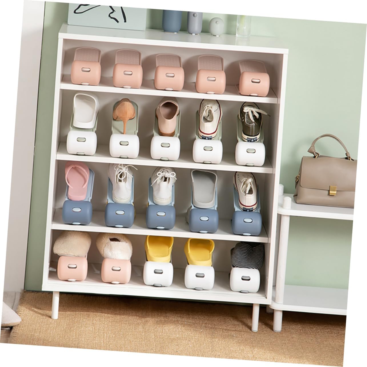 4pcs Adjustable Double Layer Shoe Slots Organizer Space-Saving Rack for All Shoe Types Non-Slip Design Gray and Green for Home and Closet Use