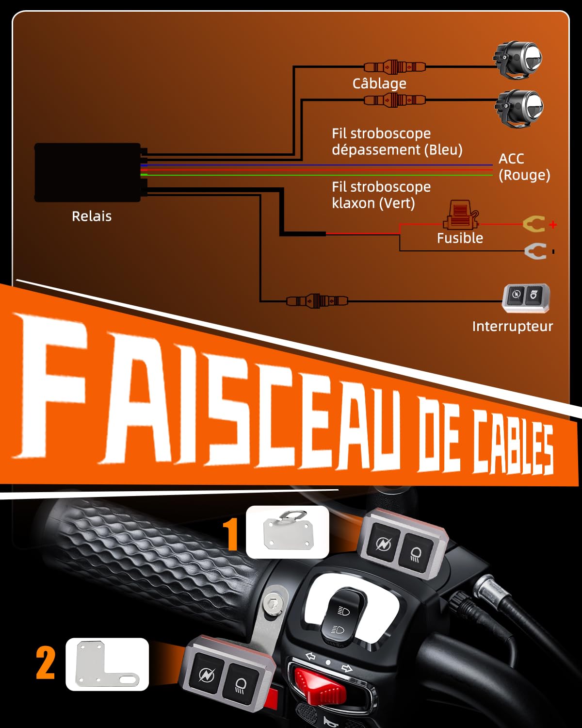 CO LIGHT Feux Additionnels Moto LED 90W 30000LM Gen 3 Faisceau Longue Portée Blanc Ambre Modes Stroboscope Sécurité Nuit Pluie Route IP68 Résistant aux Chocs Installation Facile Kit 2 Pièces