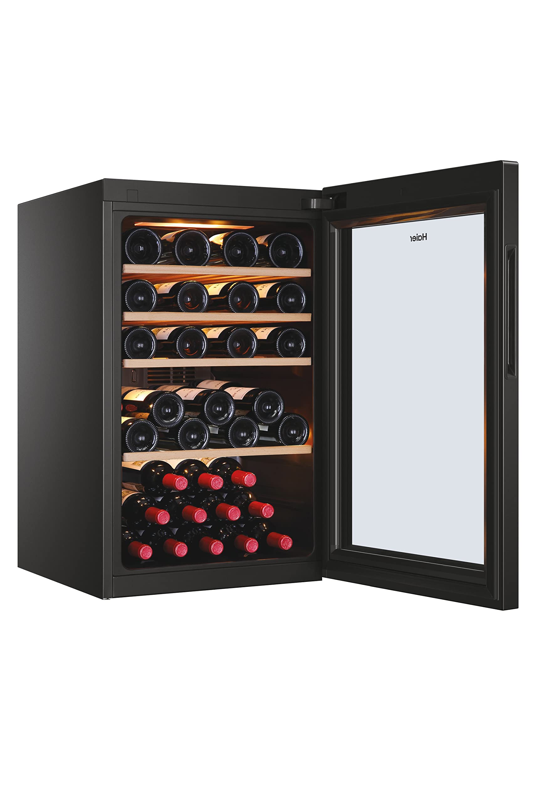 Haier Wine Bank 50 Series 5 HWS49GA stojak na wino, 49 butelek, App hOn, szkło anty-UV, drewniane półki, oświetlenie LED, klasa F, 49,7 x 58,5 x 82 cm, czarny