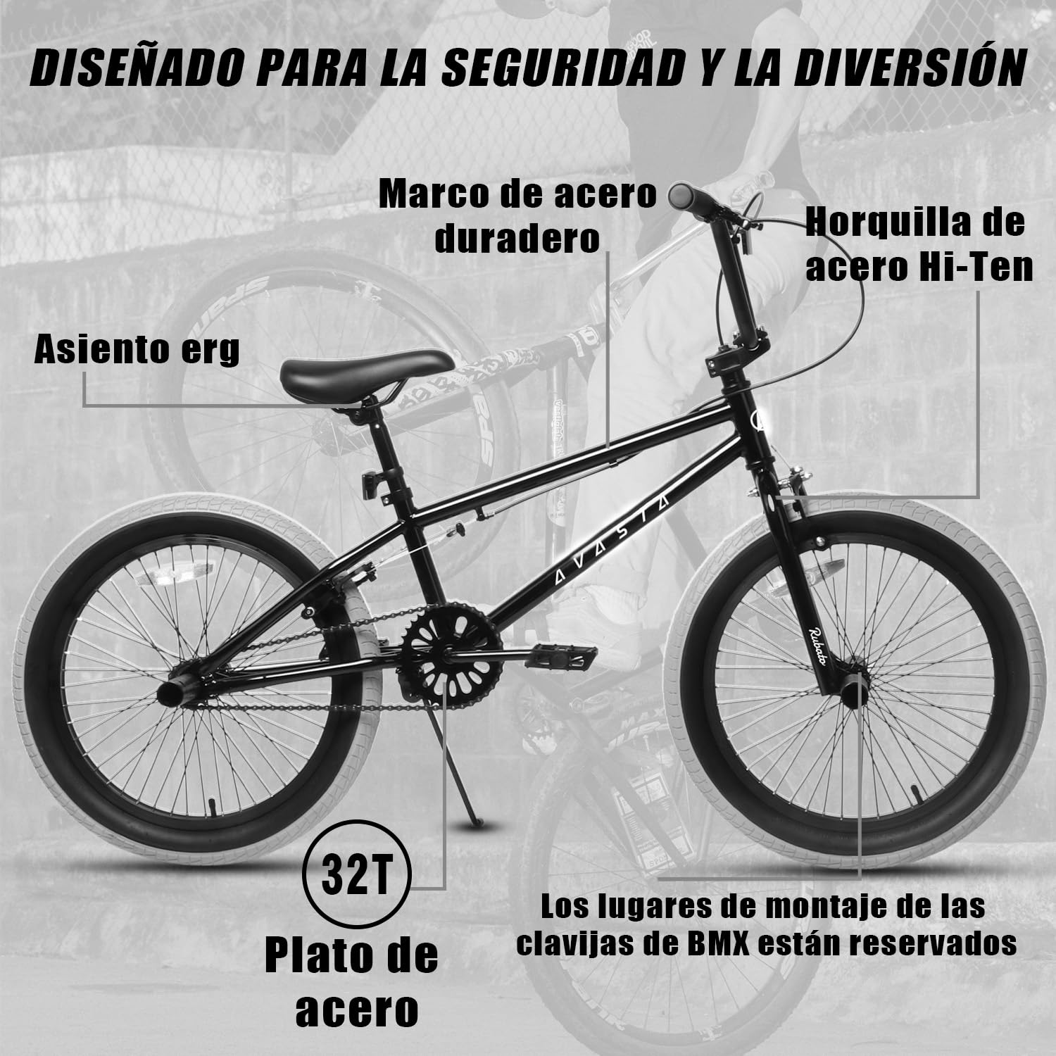 AVASTA 20 Pulgadas Freestyle niños BMX Bicicleta para 6 7 8 9 10 11 12 13 14 años niños niñas jóvenes Adultos y Pilotos de Nivel Principiante con 4 Peg, Negro con neumáticos Grises