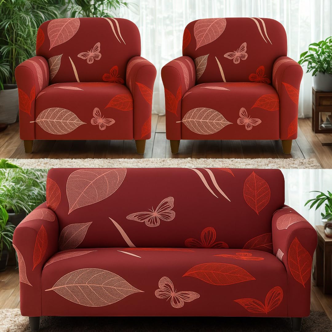 Homerz Premium 5(3+1+1) Seater Universal Elastic fit Sofa Cover Fully Covered, Non-Slip Sticky Elastic Stretchable Sofa Set Slipcover Protector (Maroon Leaf, 5 (3+1+1) Seater)