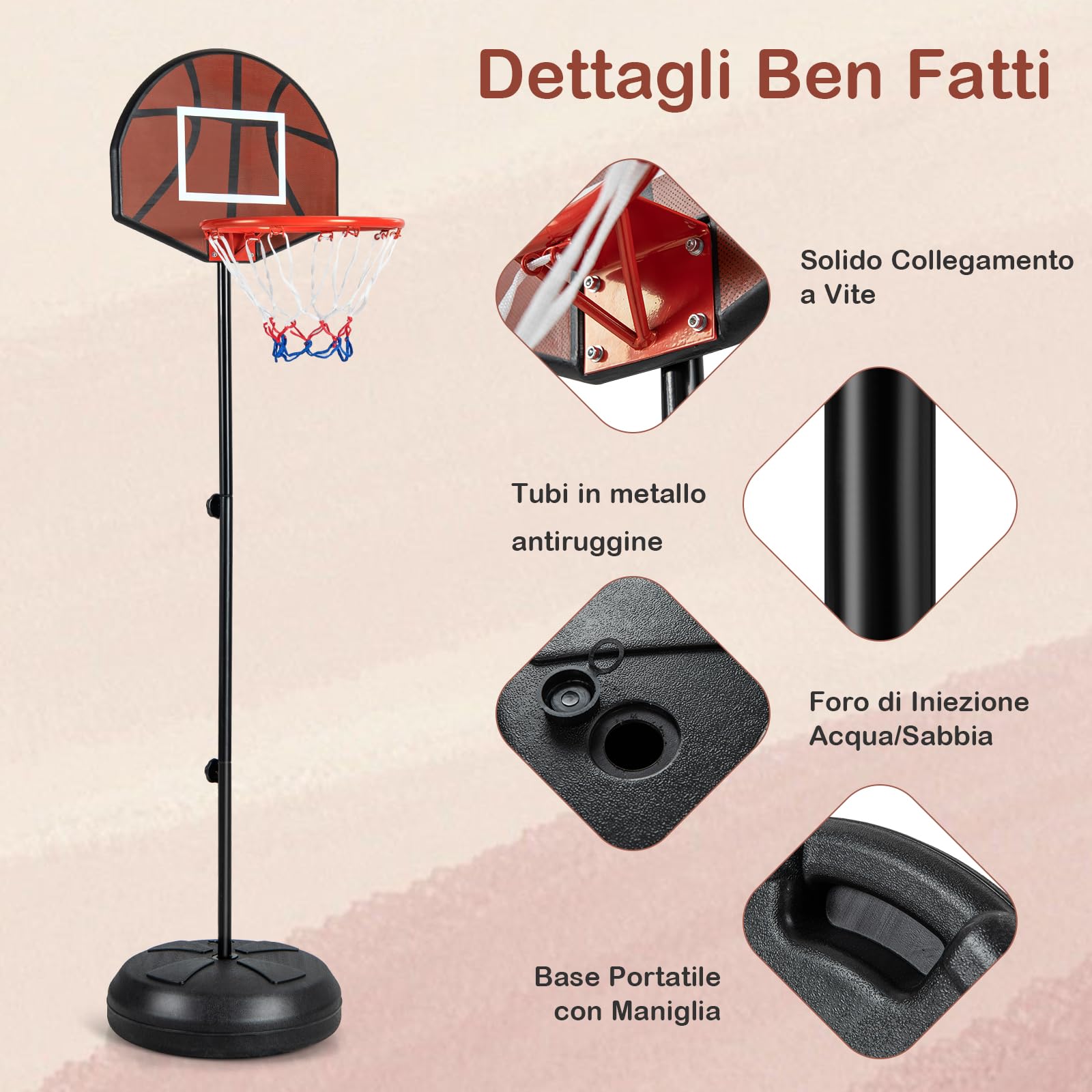 GYMAX Canestro da Basket 2 in 1 con Freccette Bersaglio e 6 Freccette, Altezza Regolabile, Base Riempibile, Supporto per Basket per Uso Interno ed Esterno, Adatto a Bambini 8+ Anni
