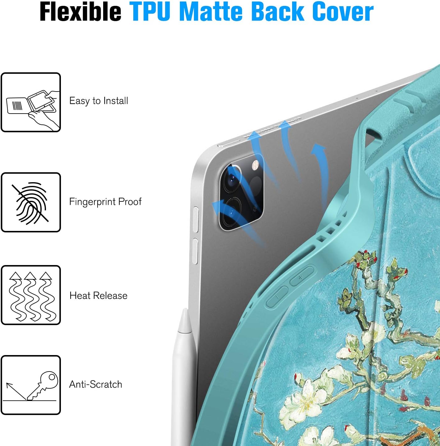 CaseBot Magnetic Stand Case for iPad Pro 12.9" 4th & 3rd Generation 2020/2018, [7 Secure Stand Angles] Shockproof Rugged Soft TPU Back Cover with Pencil Holder & Auto Wake/Sleep, Blossom
