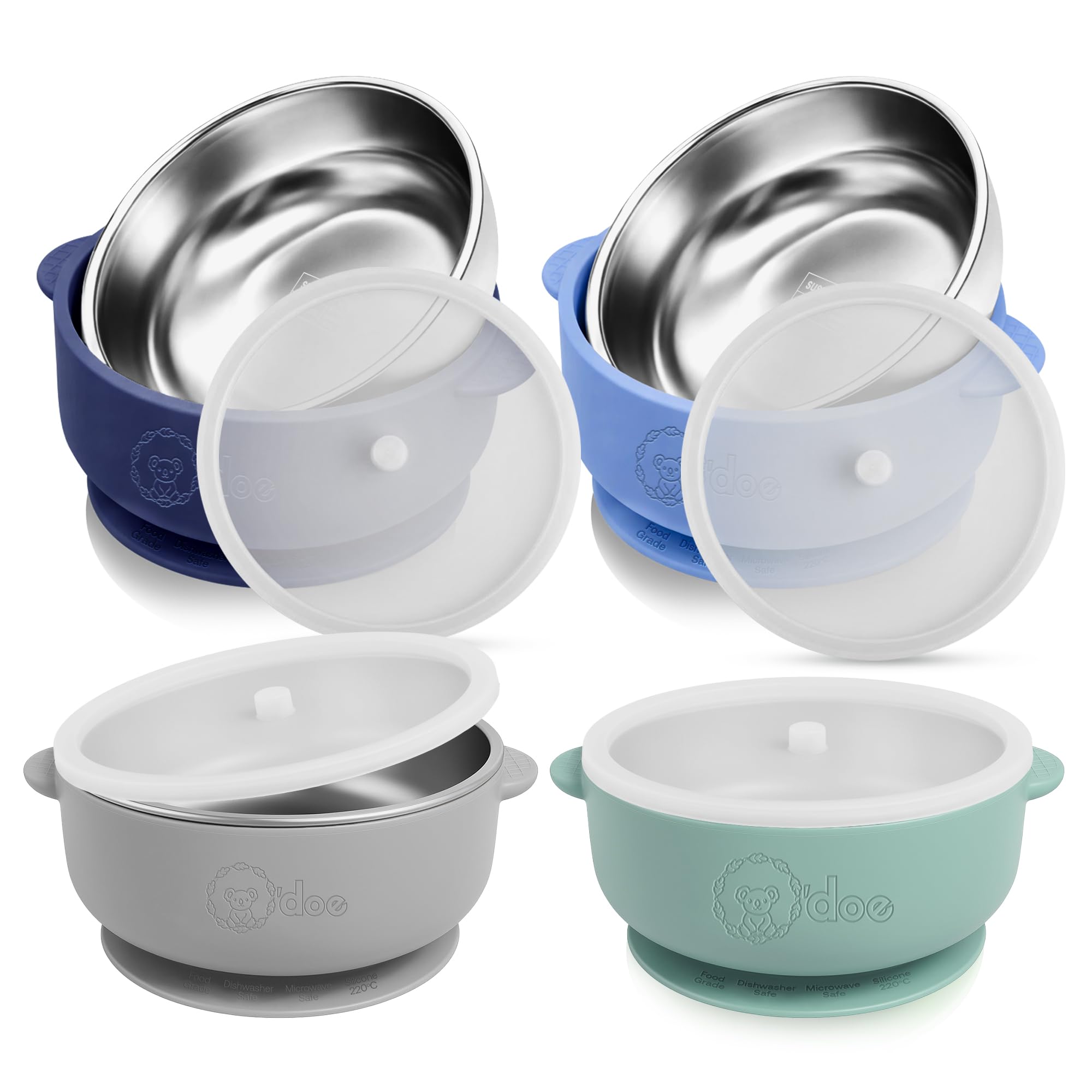 o'doe Suction Bowls for Baby, Non-Toxic Stainless Steel Baby Bowls with Suction 5" BPA-Free Baby Bowls for Weaning & Self Feeding, Non-Slip Silicone Base for Toddlers