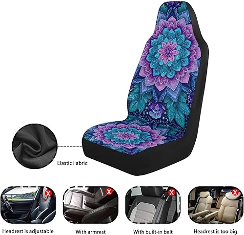 Miniatura 5 de Bulopur Juego de 2 fundas de asiento delantero de automóvil con mandala bohemia, accesorios universales para interiores de automóvil, funda