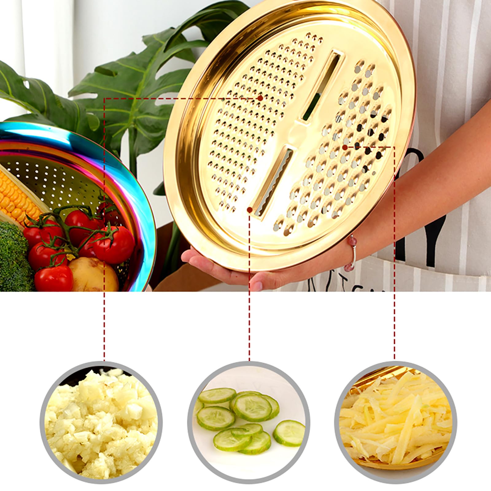 Meisha - Colador de 3 piezas, herramienta de cocina de acero inoxidable, cesta de drenaje 3 en 1, cortador de frutas y verduras, juego de cuencos, rallador de cesta de drenaje para frutas, verduras, 7