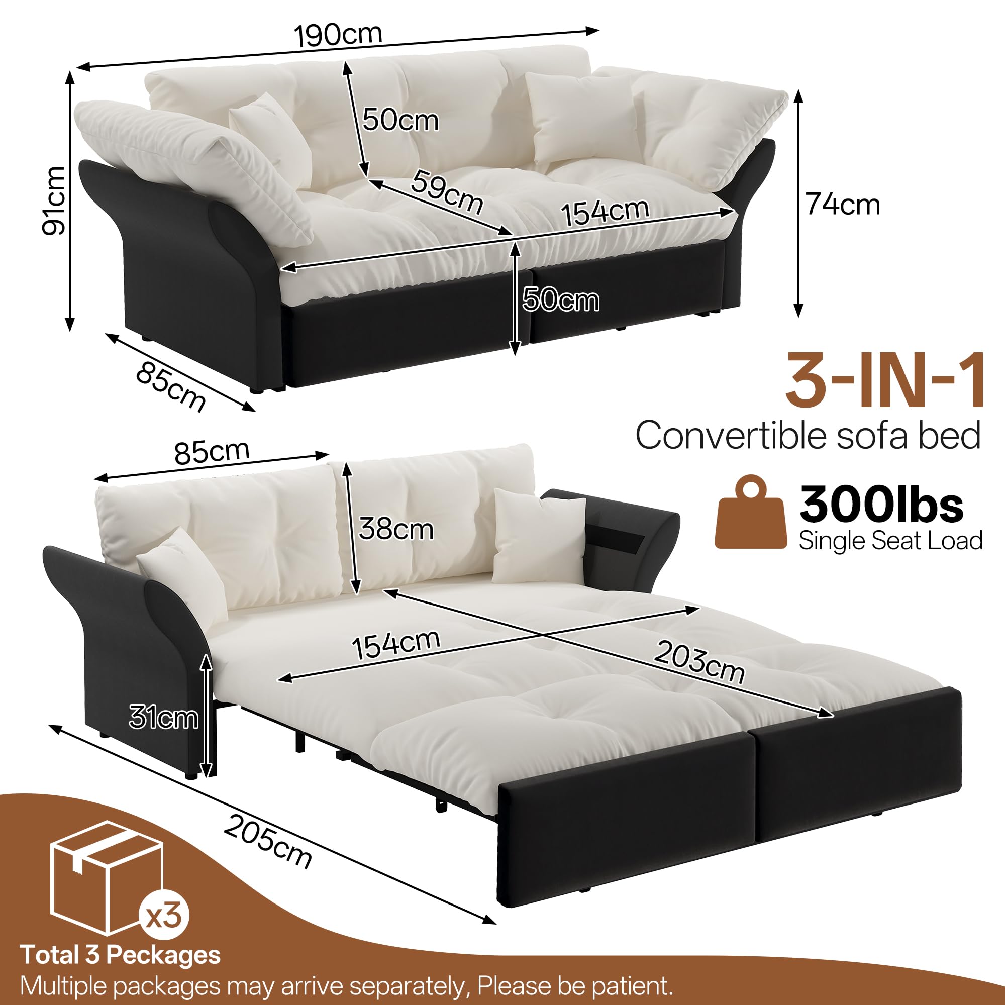 Sofa z funkcją spania 190 cm, trzyosobowa, do salonu, rozkładana, beżowa