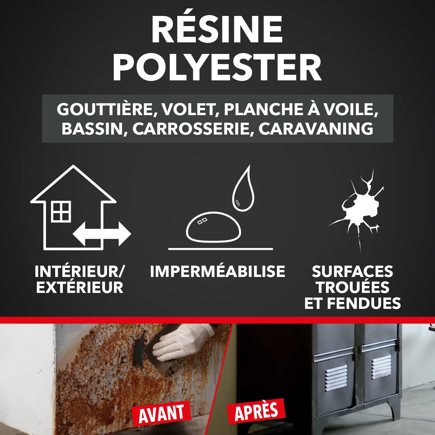 SINTO Résine polyester répare métaux plastiques et composites 1kg, consolide colmate et imperméabilise, gouttières volets carrosserie et stratifiés, caravanes et bateaux, intérieur et extérieur