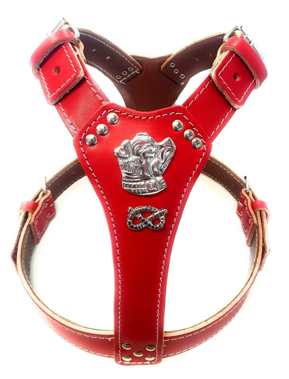 M&D Beautiful Red Leather Dog Harness Large with Staffy Staffordshire Bullterrier Head Motif & Knot (Brass Fittings)