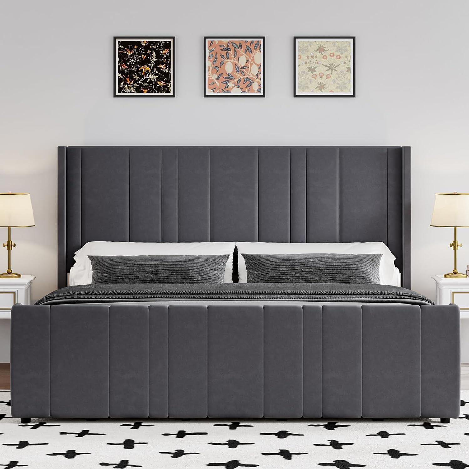 HOMBCK King Size Bed Frame Velvet Upholstered Bed with Vertical Channel Tufted Headboard & Footboard, Noise Free/No Box Spring Needed/Easy Assembly, Grey