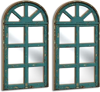 Putuo Decor Set of 2 Vintage Arch Window Frame Wall Decor with Acrylic Mirror Rustic Farmhouse Style for Living Room Bedroom Entryway Hallway Distressed Turquoise