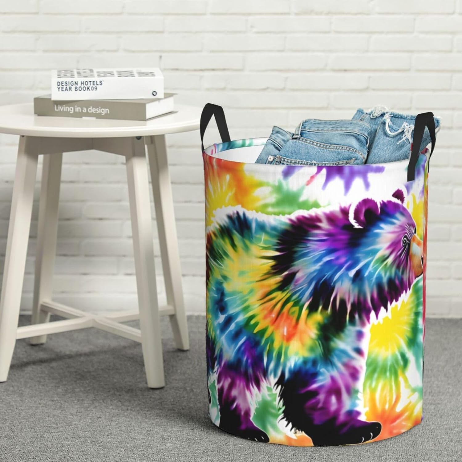 Bear Dancing Tie Dye Print Circular Protable Storage Bin,Basket For Laundry Hamper With Handles Bedroom Clothes