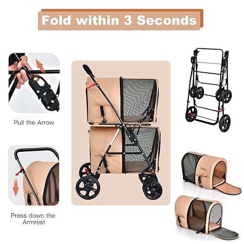 Miniatura 5 de PETSITE Cochecito doble para perros, cochecito plegable para mascotas para 2 perros y gatos, tamaño pequeño y mediano con transportador desmontable