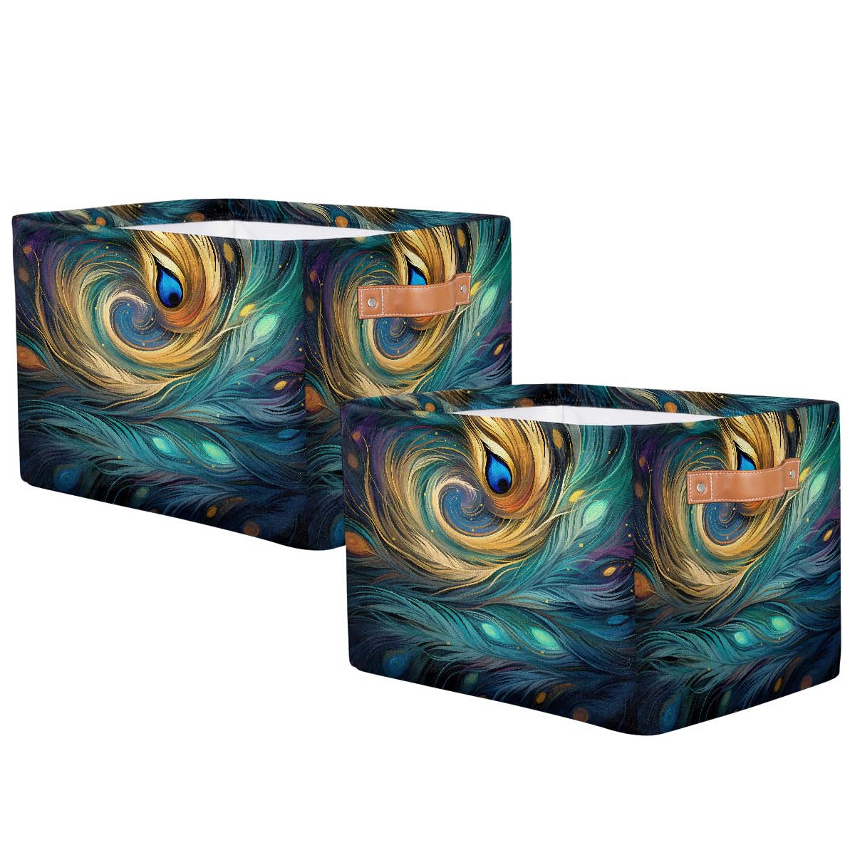 Mexpekil Cesta de almacenamiento abstracta de plumas de pavo real con diseño de galaxia, caja de almacenamiento de juguetes para niños, plegable, organizador de tela para estantes, cesta de regalo