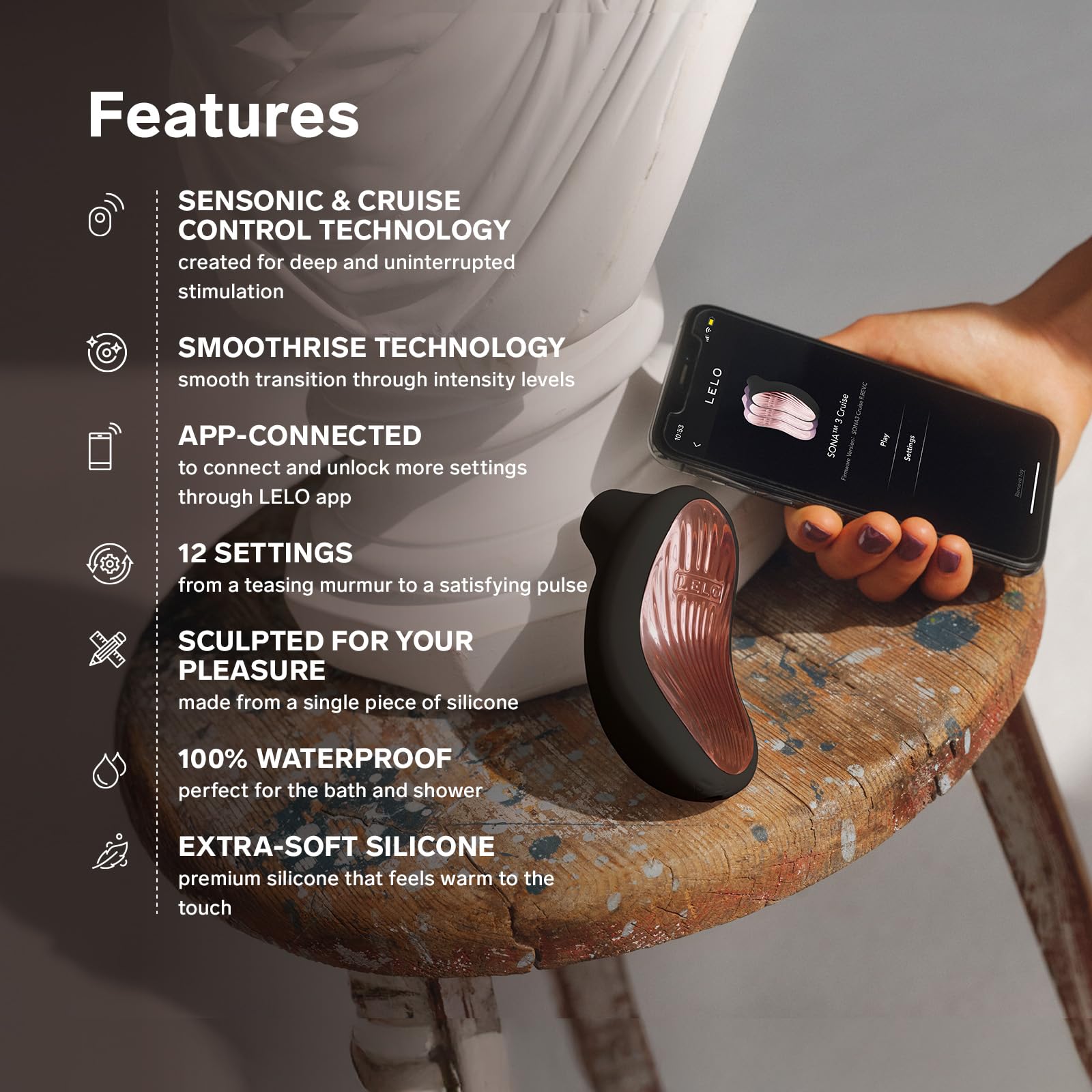 LELO SONA 3 Cruise, Masajeador Sónico Femenino con Aplicación por Bluetooth, Succionador de Clítoris Femenino, Juguetes Eroticos, 12 Modos con Más Potencia y Tecnología de Ondas Sónicas (Black)