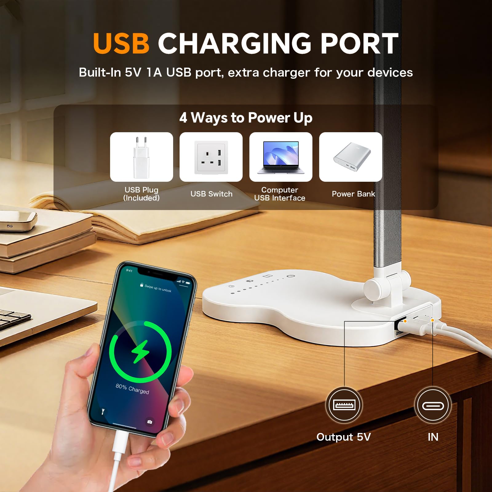 Lampe de Bureau LED, Dimmable Lampe de Chevet, 5 Modes de Couleur 10 Niveaux de Luminosité, Avec Fonction Minuterie, Contrôle Tactile, Port USB-C, Lampe de Lecture Protection des Yeux - Blanc