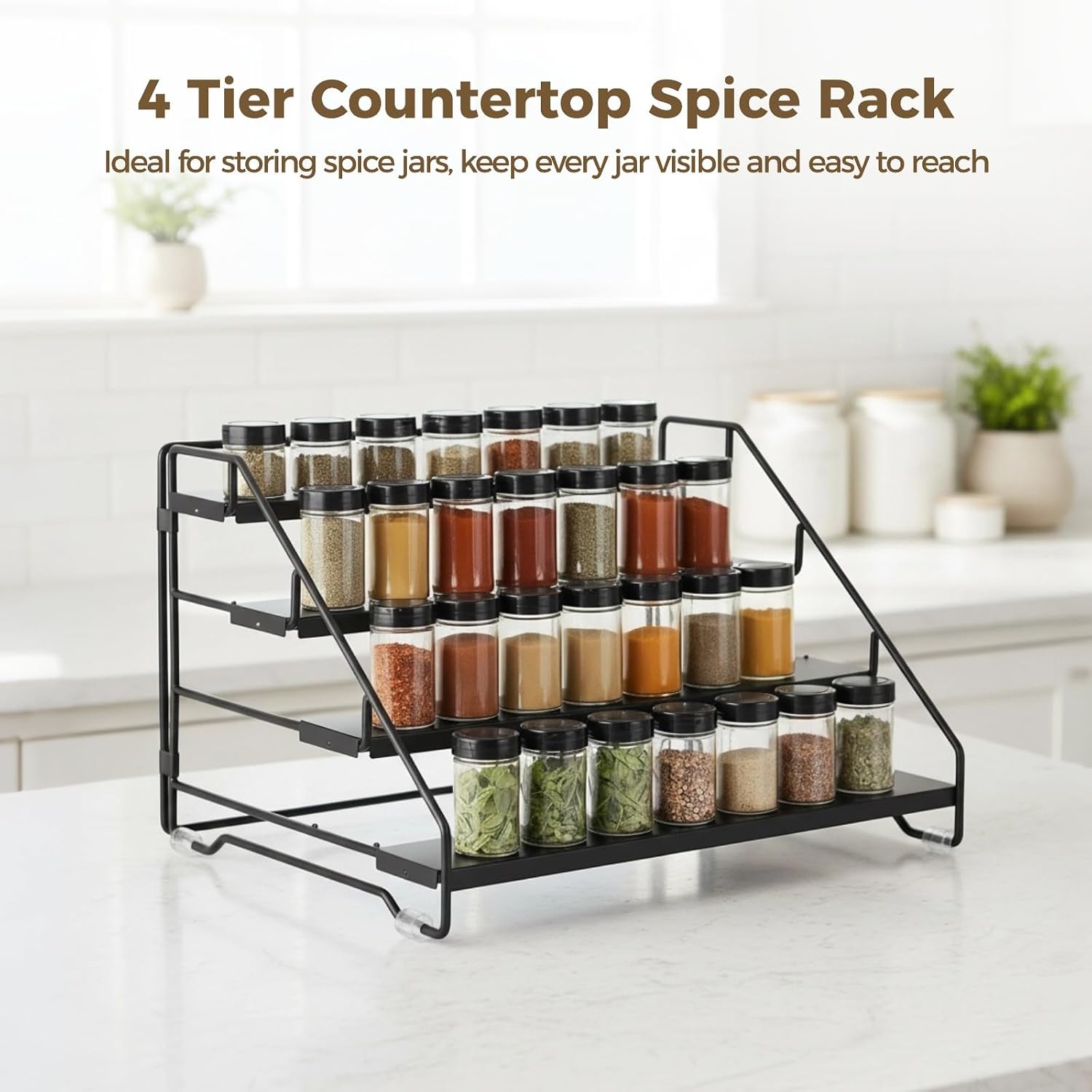 4 Tier Spice Rack Organizer for Cabinet, Spice Rack for Cabinet, Adjustable Depth Spice Holder Shelf, Metal Tiered Seasoning Organizer for Countertop, Cupboard, Pantry, Seasoning Shelf, Black (1 Pack)