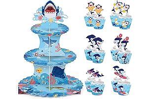 Shark Cupcake Stand - 3-Tier Cardboard Tower for Baby Shark Birthday Party