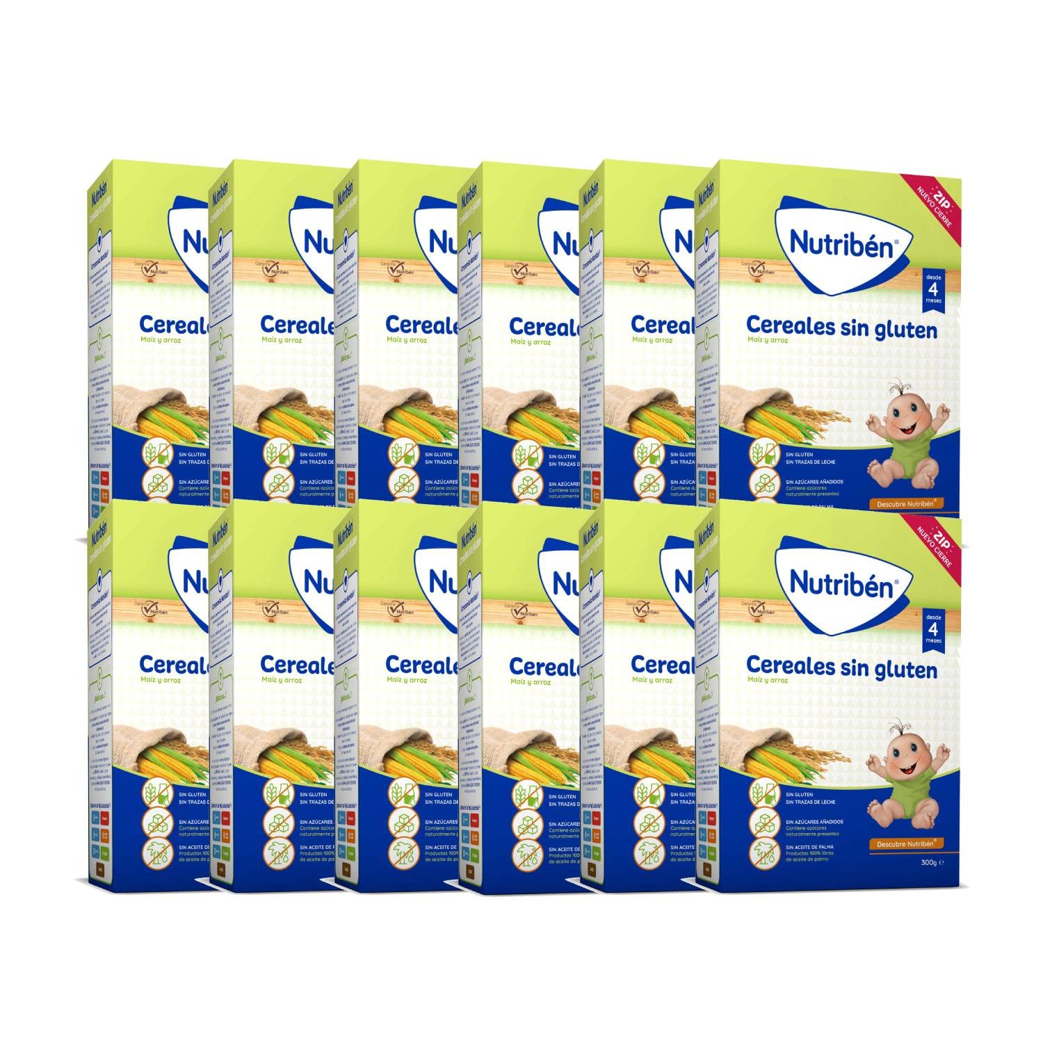 Nutribén Papilla con Cereales sin Gluten | 3600g | Sin trazas de Leche| Alimento para Bebés a partir de 4 meses | Sin azúcares añadidos | Sin aceite de palma | Paquete 12 unidades de 300g