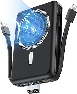 Wireless Portable Charger, 10000mAh Magnetic Power Bank Built-in USB C Lighting Cables 22.5W PD Fast Charging LED Display Mag-Safe Battery Pack for iPhone 15/14/13/12/Mini/Pro/Pro Max - Black