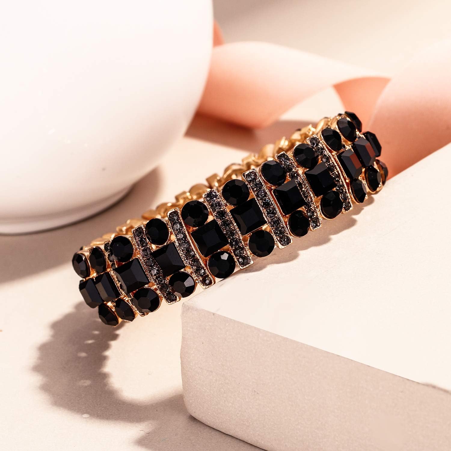 EVER FAITH Austrian Crystal Art Deco Three Layers Bride Elastic Stretch Bracelet - Image 4