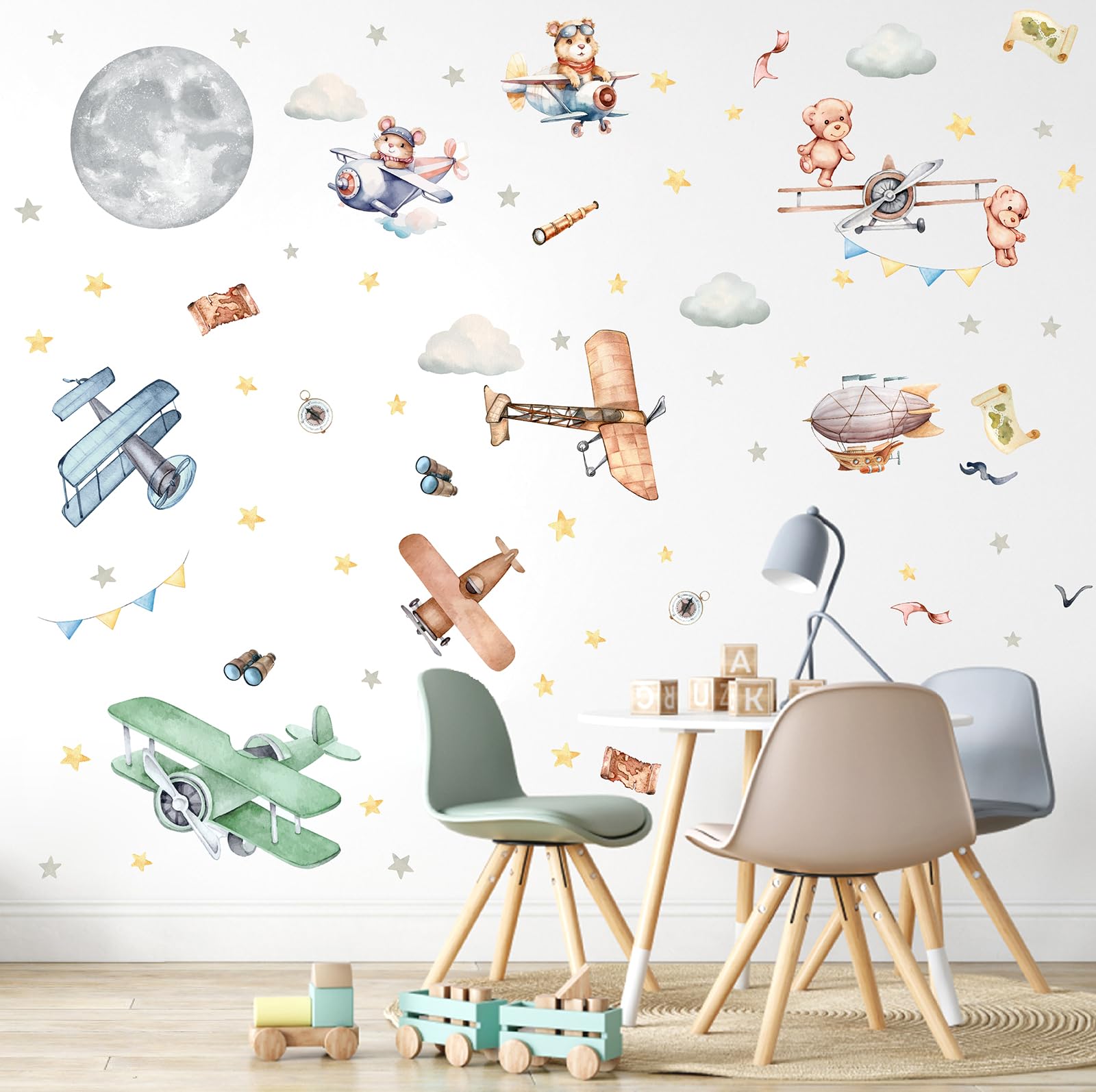 Autocollants muraux vintage en forme d'avion, avion, ballon, animal, lune, étoile, nuage, autocollants muraux en tissu pour chambre de garçon, chambre d'enfant, chambre d'enfant