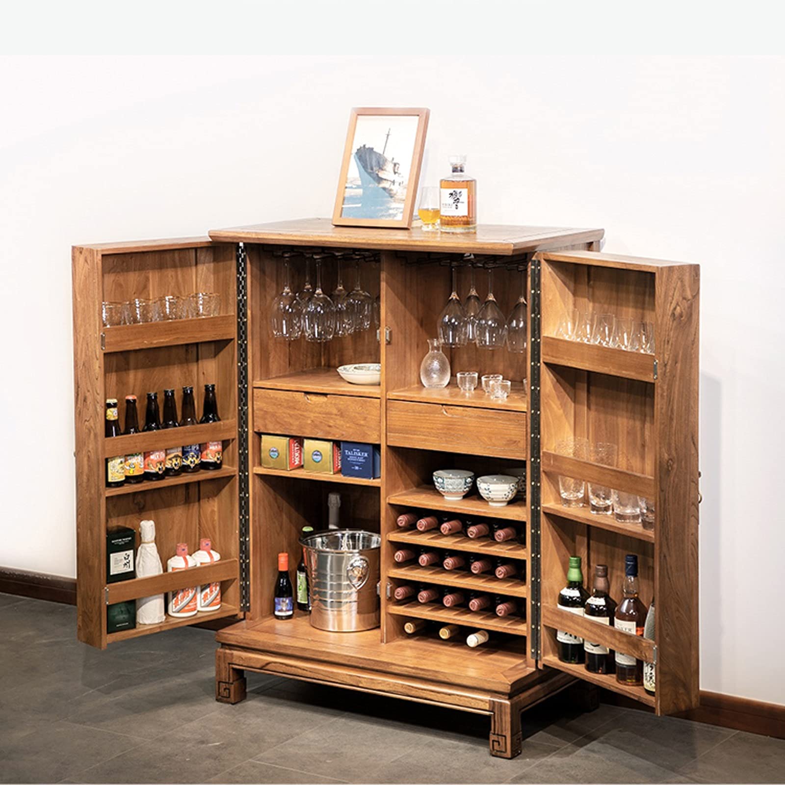 Weinschrank aus Holz mit kleinem Weinregal für Haushalt Wohnzimmer Aufbewahrung Küche, Haushalt & Wohnen