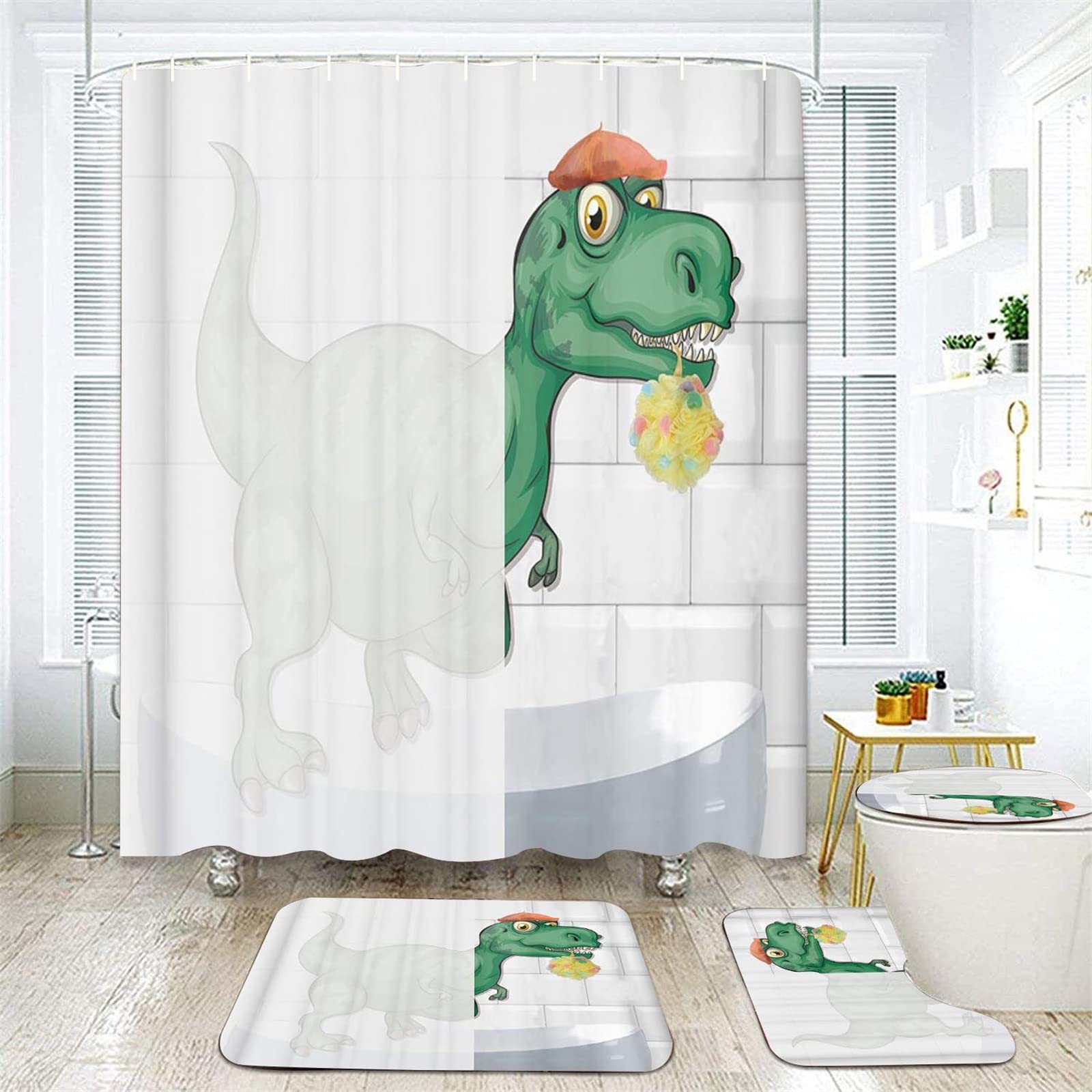 Tapis de bain antidérapants et rideau de douche dinosaure imperméable - 8