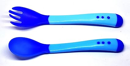 THE LITTLE LOOKERS Silicone Tip Heat Sensitive Silicone Spoons | Temperature Sensing Spoons | Spoon & Fork Set (Blue, Pack of 2)