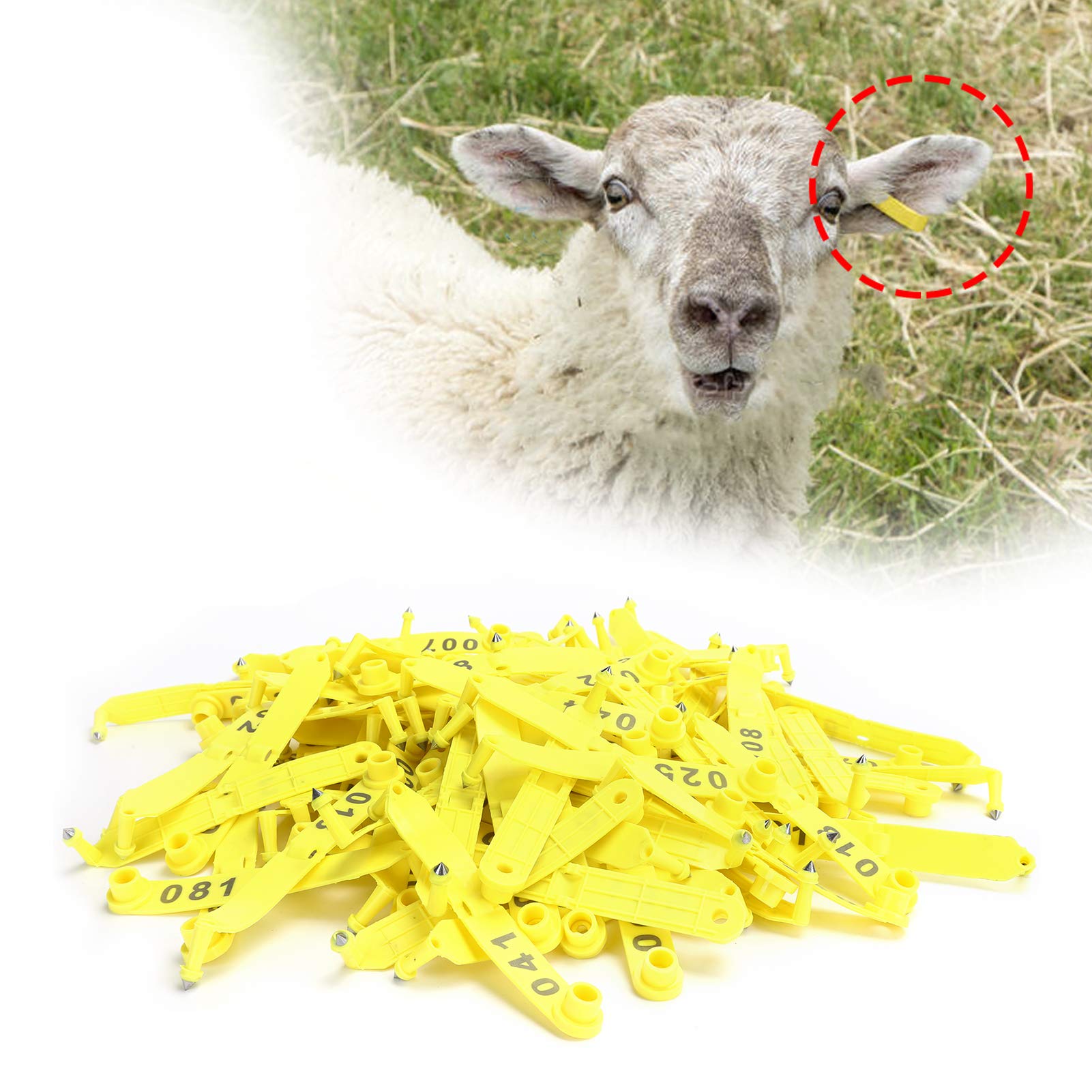 Etichetta auricolare per pecora Carta di identificazione animale 100 pezzi Doppia piegatura Giallo Numero integrato Forniture agricole durevoli Attrezzatura per marcatura per
