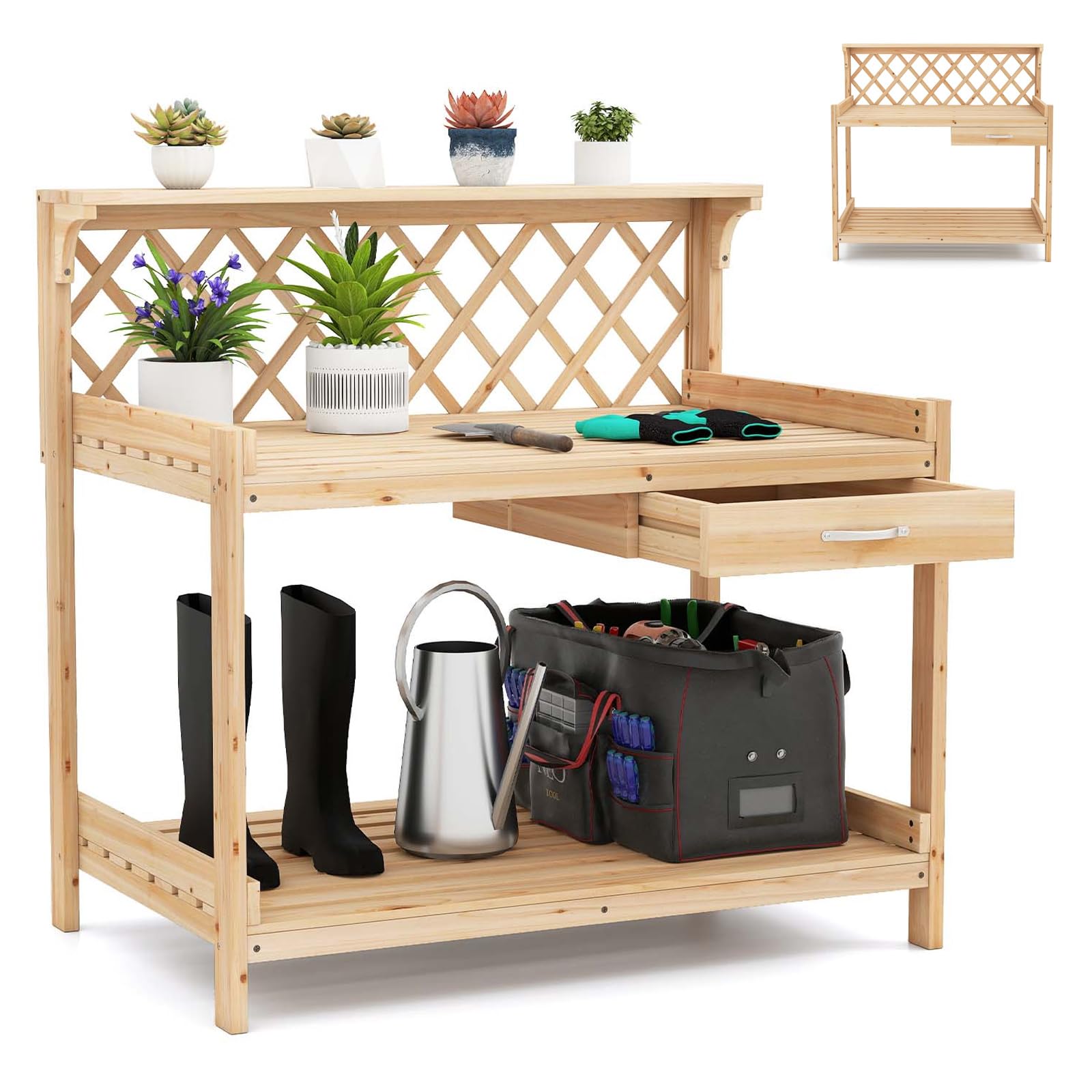 RELAX4LIFE Pflanztisch Holz, Gartentisch mit Gitterspalier & Arbeitsplatte & Schublade & 2 Ablagen, Gartenarbeit-Werkbank für Garten, Terrasse, Gewächshaus, 90 x 59 x 88 cm, Natur