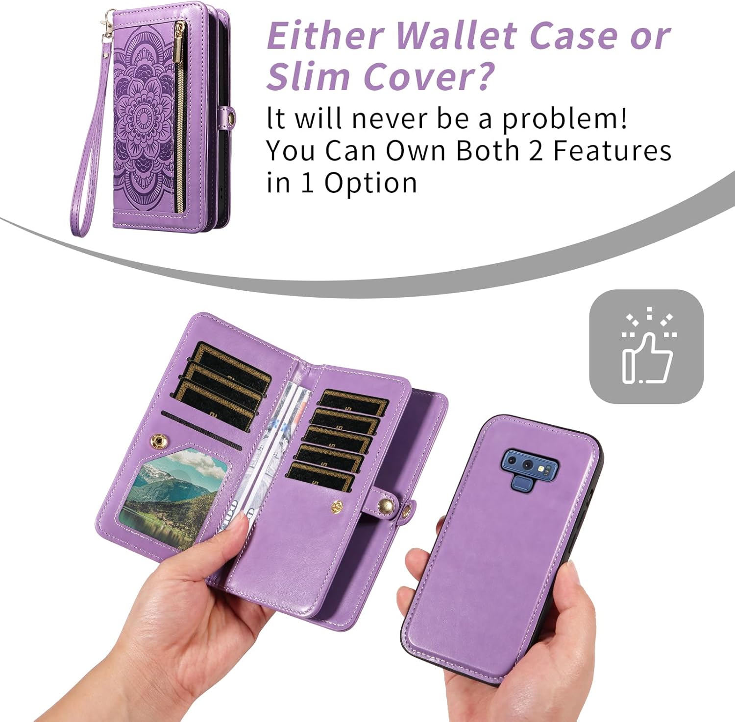 Asuwish Phone Case for Samsung Galaxy Note 9 Zipper Wallet Magnetic Detachable Cell Cover with Tempered Glass Screen Protector Crossbody Strap Mandala Flower Card Holder Slot Note9 Not S9 Women Purple