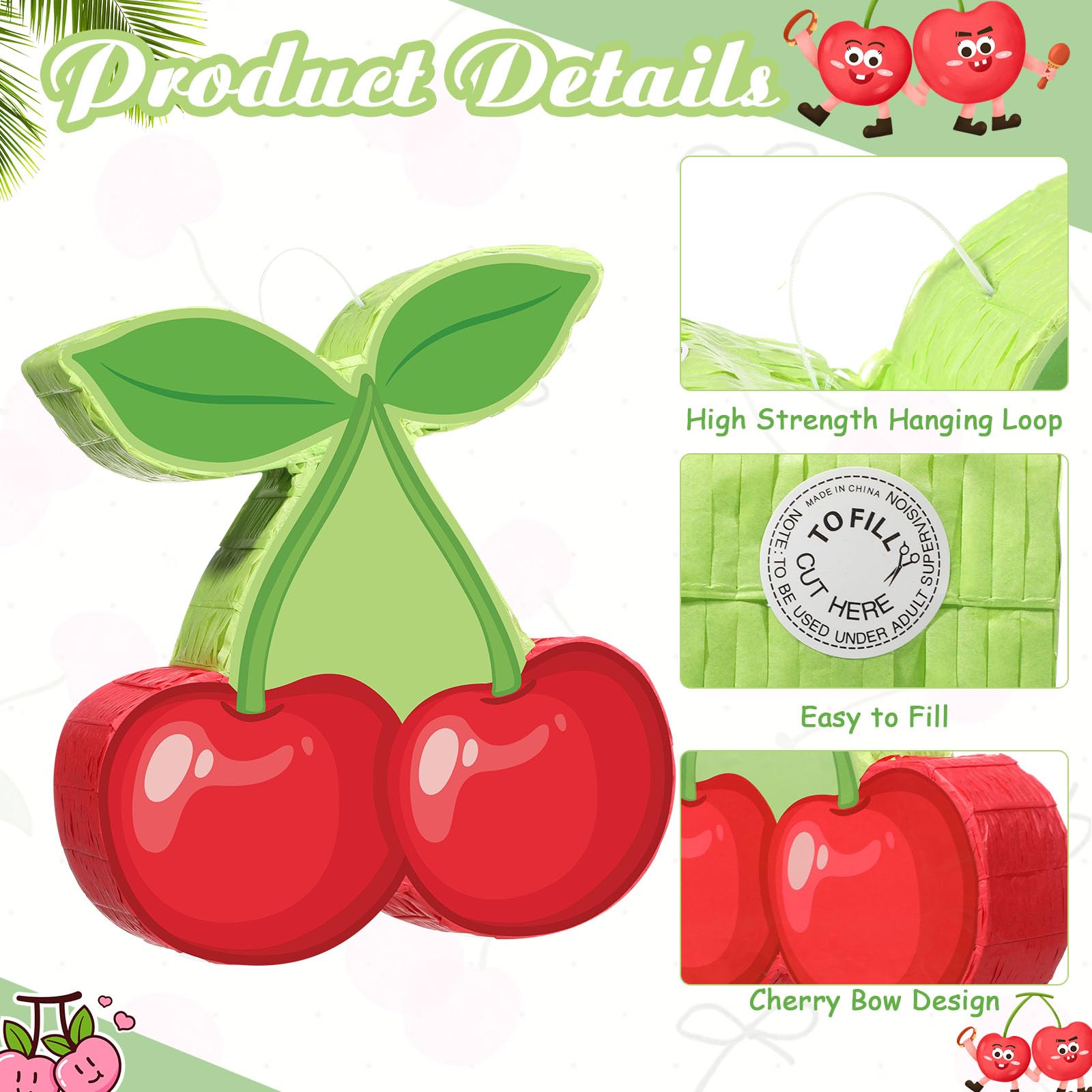 Capoda Piñata de cereza para niños y niñas, juegos de piñata con lazo verde, bayas, con palo, venda para los ojos, diseño de cerezas rojas mexicanas, cumpleaños, baby shower, fiesta, suministros de