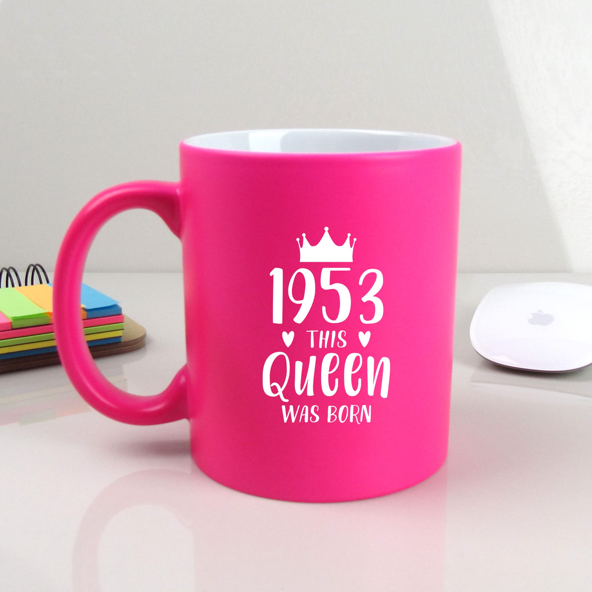 eBuyGB Engraved Neon Pink Coffee Mug -1953 This Queen was Born Design - 310ml Tea Cup, 50th Birthday Gifts for Women, Her - Fiftieth Birthday Gift for Mum, Grandma