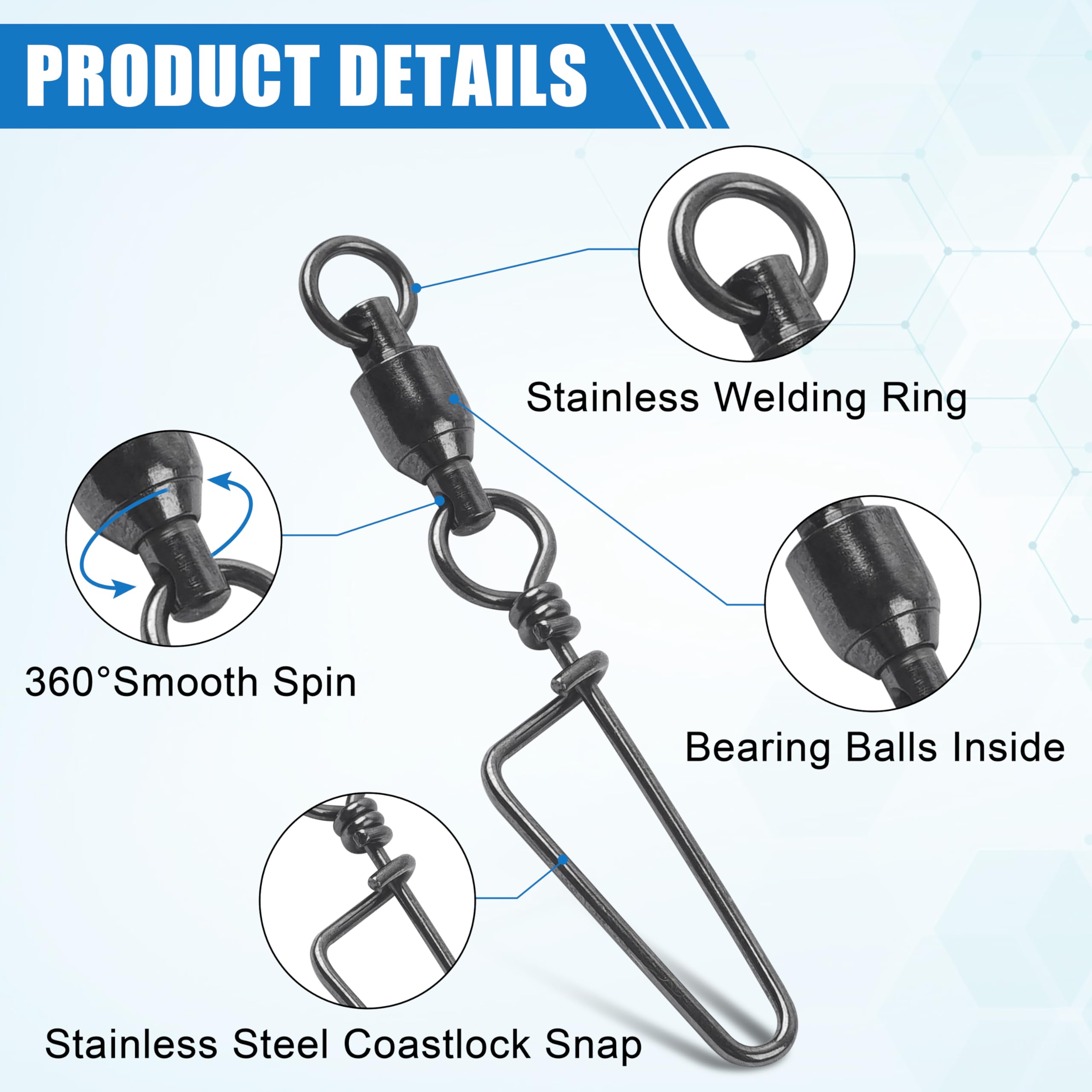 AGOOL Fishing Swivels Snaps Ball Bearing Swivels with Coastlock Snap Saltwater Stainless Steel Fishing Tackle Line Lure Leader Connector 26Lb - 503Lb