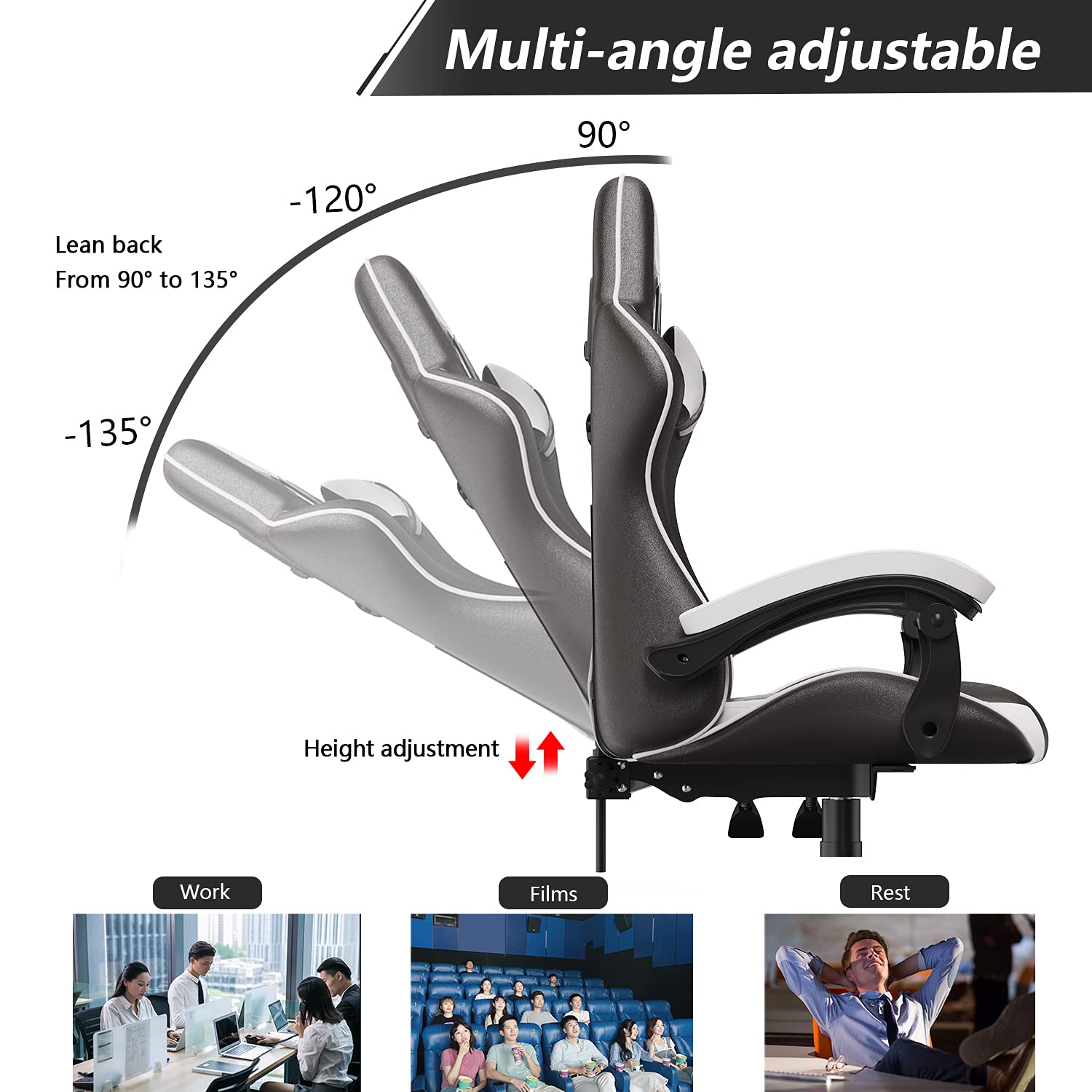 bigzzia Silla Gaming,Silla Ergonómica de Oficina en Cuero PU,Regulable en Altura con Soporte Lumbar y Reposacabezas,Respaldo Reclinable 155°,Silla Gamer Adulto Niño (Blanco)