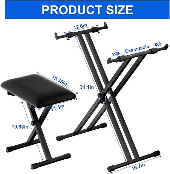 Keyboard & Bench Set, 2025 Upgrade Heavy Duty Double-X Keyboard Stand, Adjustable & Portable Digital Piano Stand with Locking Straps