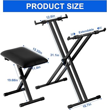 Keyboard & Bench Set, 2025 Upgrade Heavy Duty Double-X Keyboard Stand, Adjustable & Portable Digital Piano Stand with Locking Straps