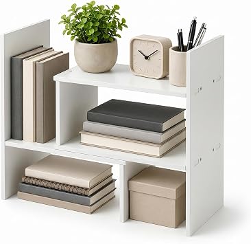 Expandable Desktop Bookcase   Wooden Adjustable Office Storage Shelf Organizer for Home & Office, Space-Saving Bookshelf for Books, Files & Desk Accessories White