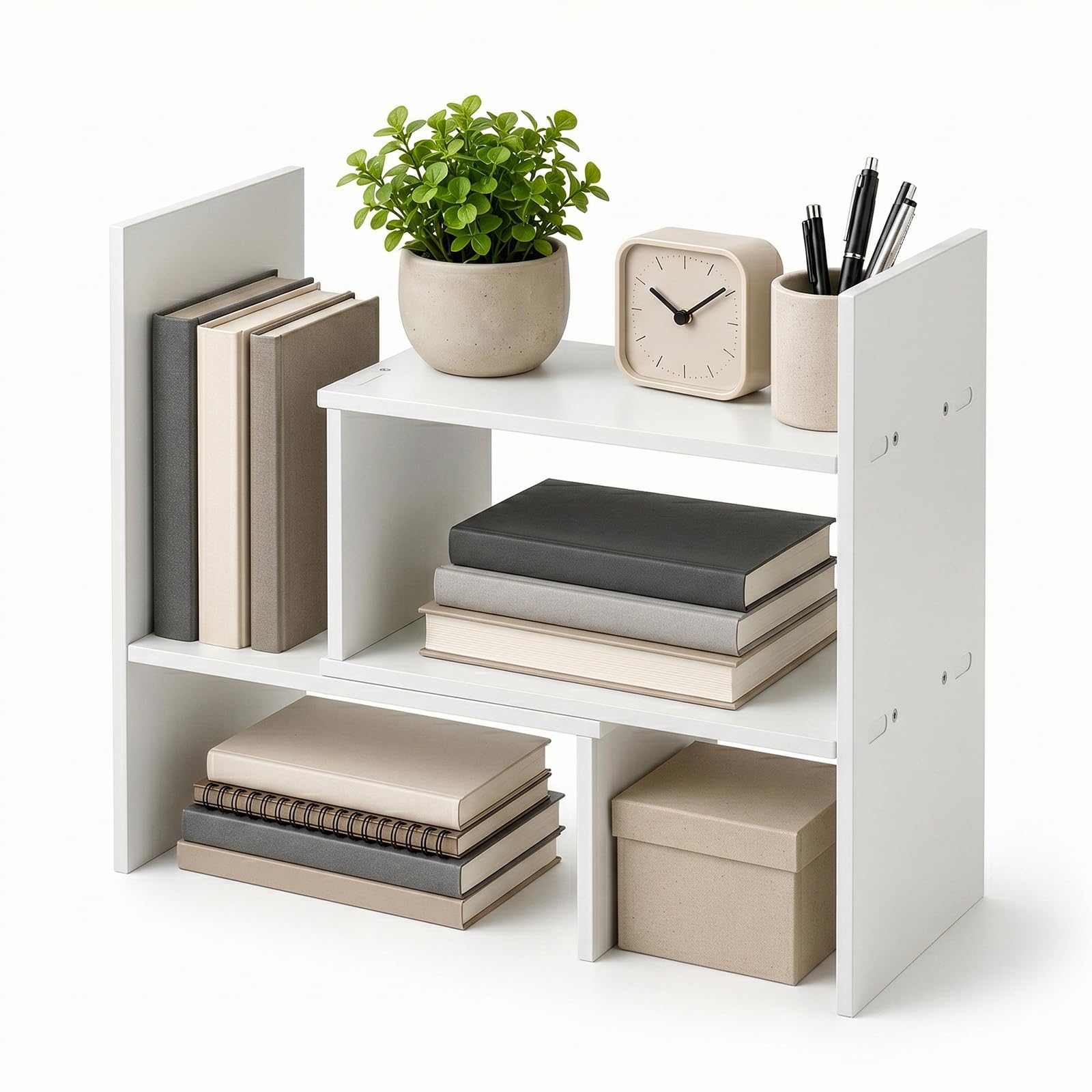Expandable Desktop Bookcase – Wooden Adjustable Office Storage Shelf Organizer for Home & Office, Space-Saving Bookshelf for Books, Files & Desk Accessories (White)