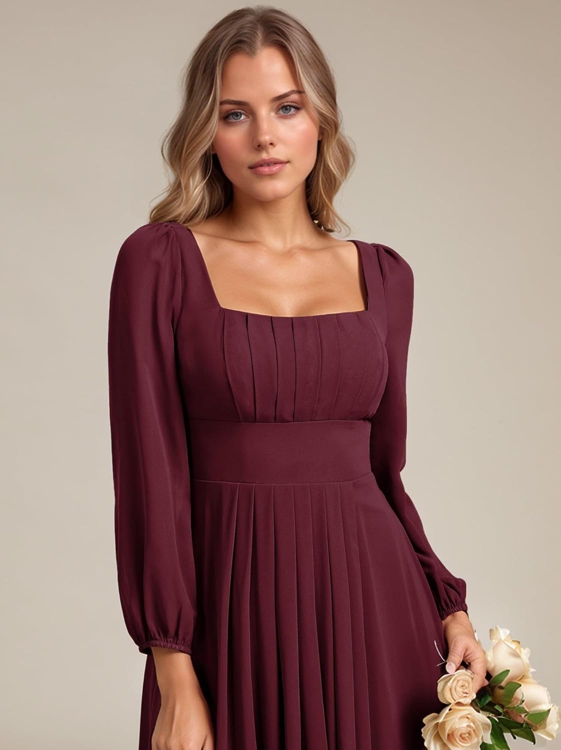 Women's Chiffon A-Line Wedding Guest Dress Maxi Fall Square Neck Pleated Long Sleeve Evening Dress - Image 4