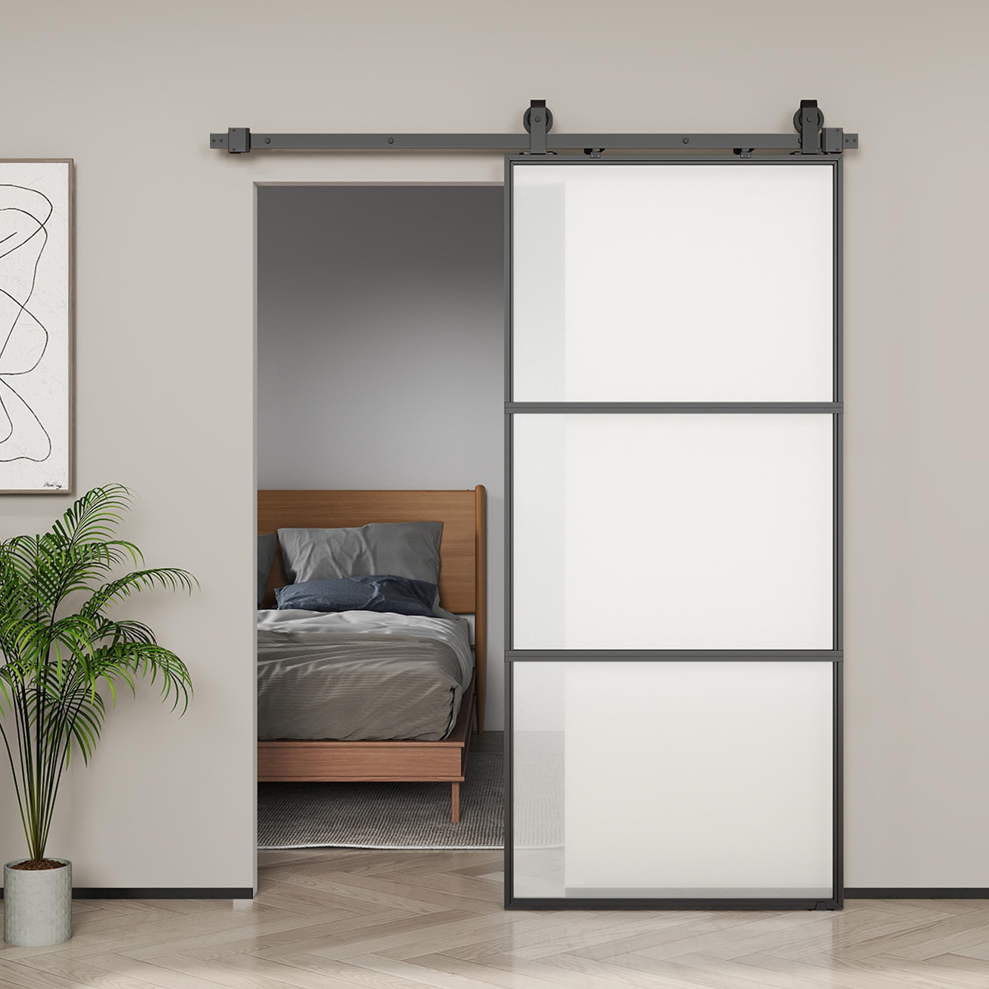 HOMCOM Puerta Corredera con Herrajes 91,4x203,2 cm Puerta Corredera de Cristal con Mecanismo Cierre Suave para Baño Salón Sala de Estar Cocina Negro