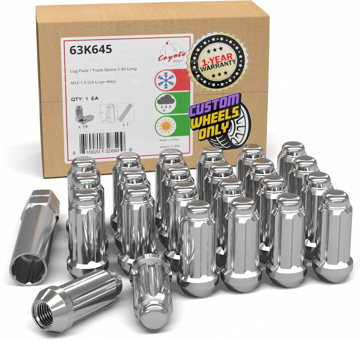 Wheel Accessories Parts 24 Pcs M12x1.5 12x1.5 Thread Truck 2.00" Long Spline Lug Nuts Chrome 6 Spline Hex Fits 2004-12 Chevy Colorado GMC Canyon ｜ 21+ Ford Bronco (No Raptor) ｜ 19+ Ranger