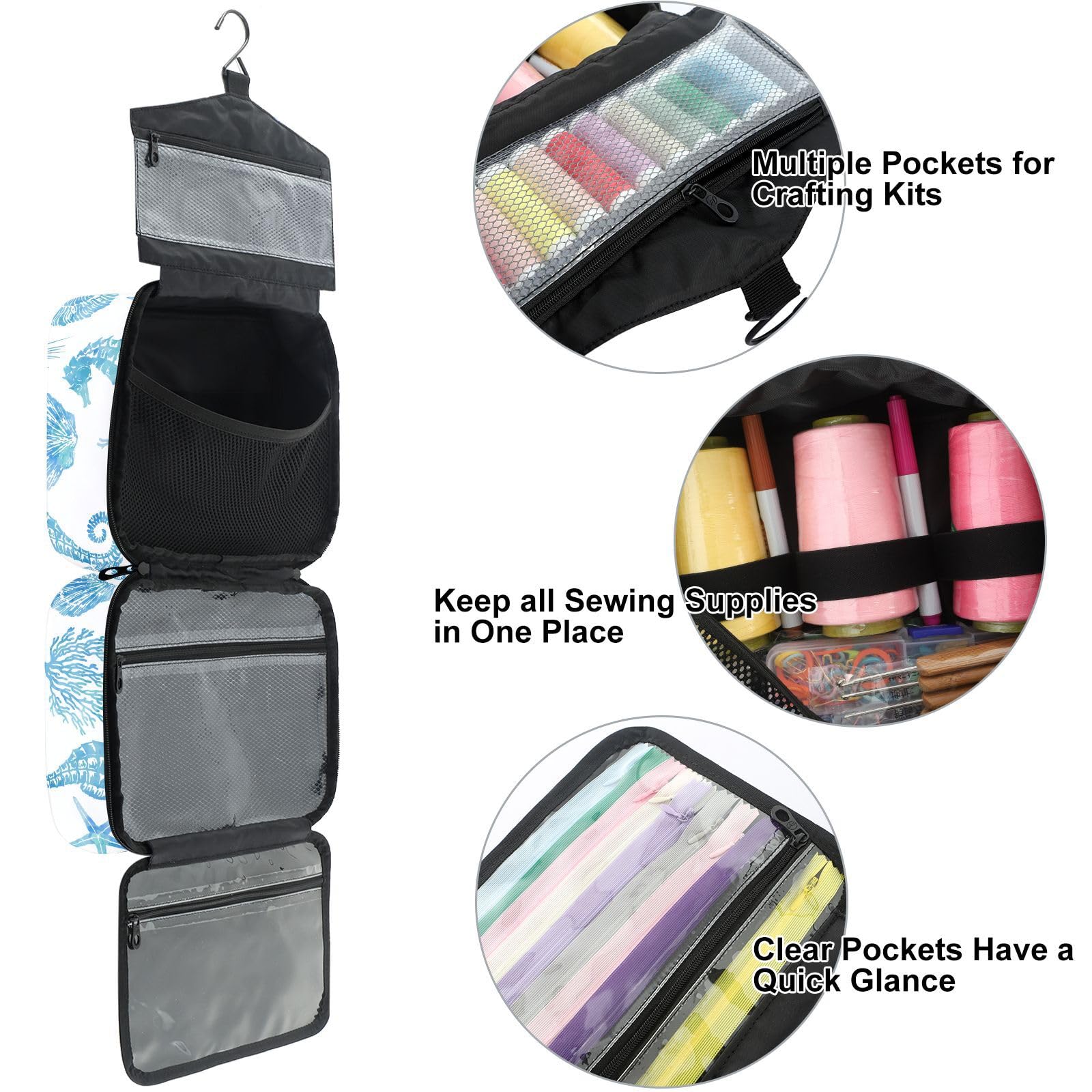 YNNALE Sewing Supply Organizer Bag, Blue Seahorse Marine Animal Portable Sewing Bags with Pockets&Hanger, Sewing Storage Box Case for Sew Supplies/Kit/Tools/Accessories (BAG ONLY)