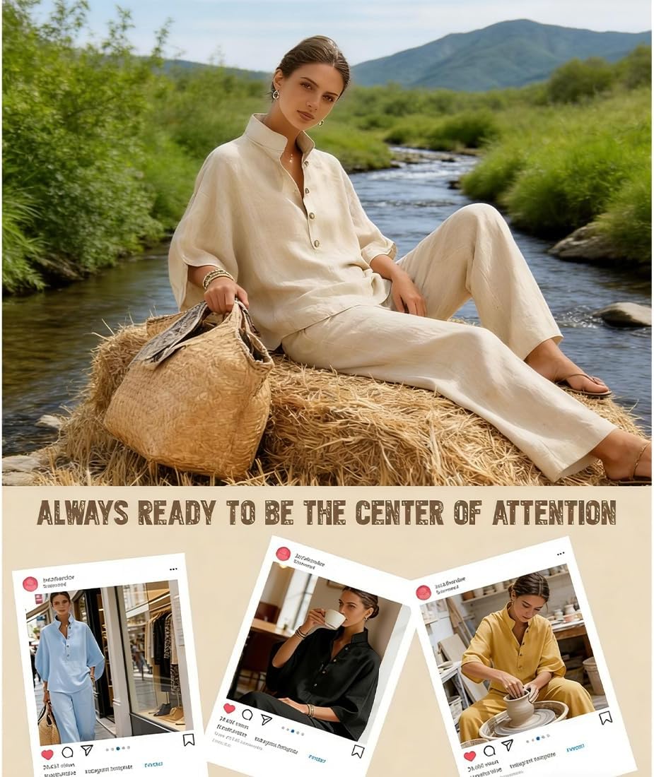 2026 New Women’S Batwing Sleeve Linen Cotton Two-Piece Set – Casual Shirt & Wide Leg Pants Outfit